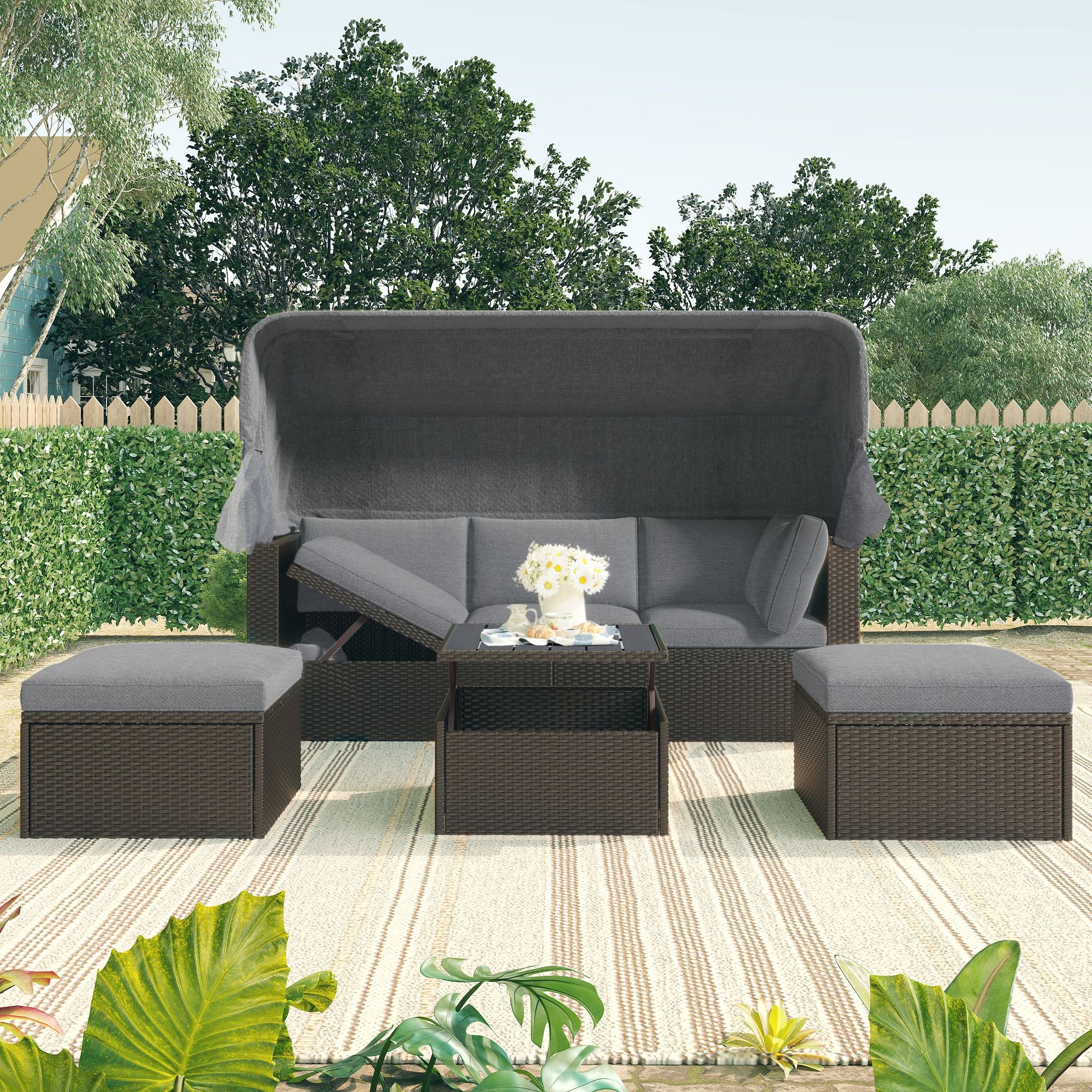 Outdoor Patio Rectangle Daybed with Retractable Canopy, Wicker Furniture Sectional Seating with Washable Cushions, Backyard, Porch - Discount Msrp 