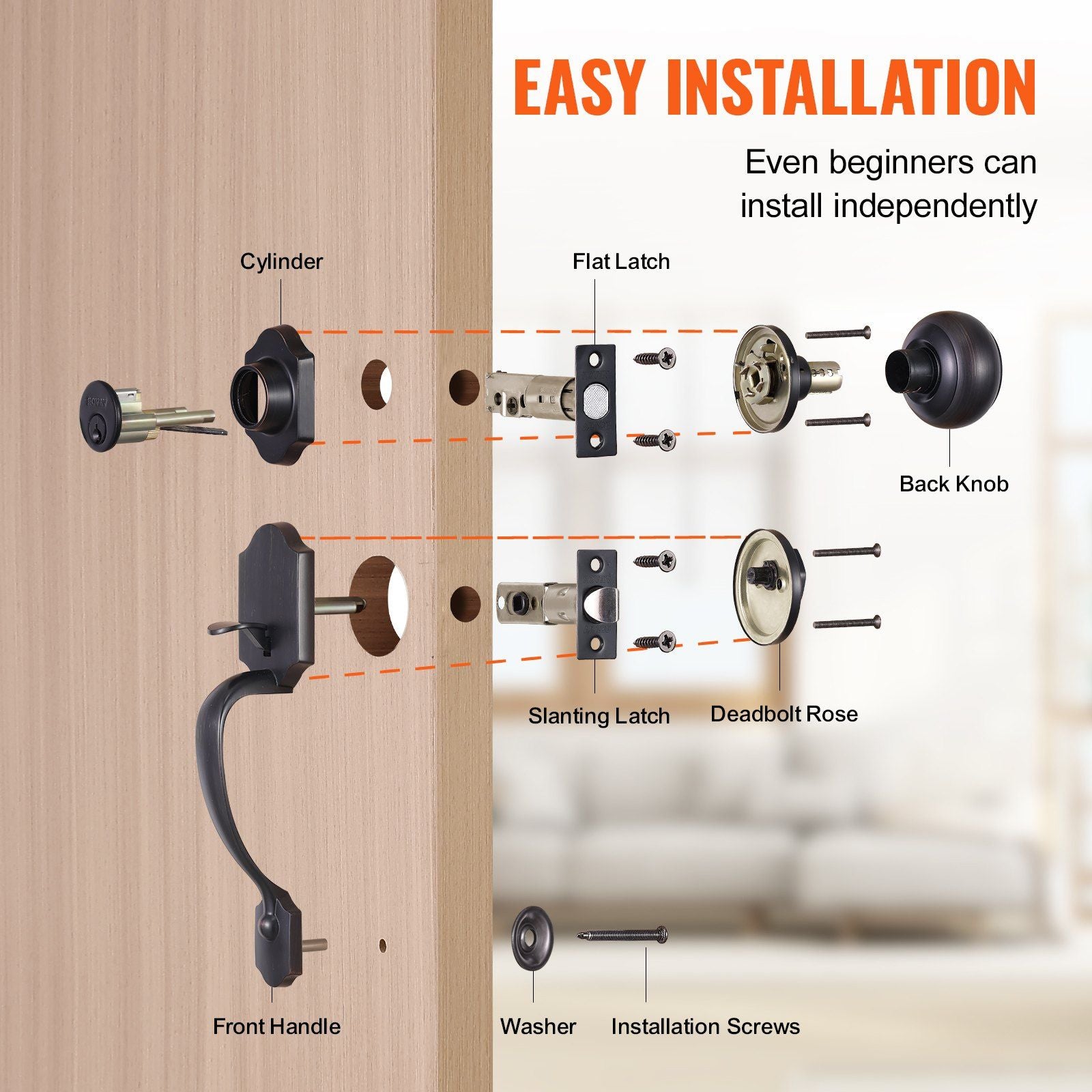 VEVOR Front Door Handle and Deadbolt Set, Antique Copper Front Door Lock Set with Interior Knob, Adjustable Hole Spacing Single Cylinder Handleset, for Right and Left Handed Entrance and Front Door - Discount Msrp 