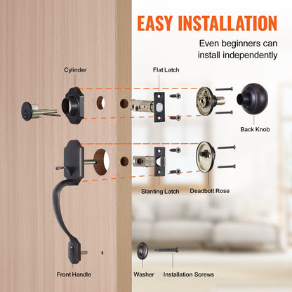 VEVOR Front Door Handle and Deadbolt Set, Antique Copper Front Door Lock Set with Interior Knob, Adjustable Hole Spacing Single Cylinder Handleset, for Right and Left Handed Entrance and Front Door - Discount Msrp 