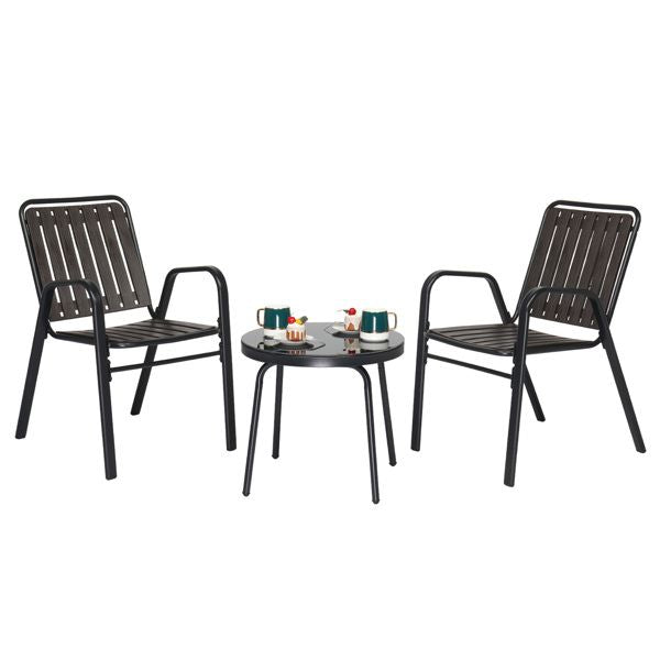 3-Piece Patio Bistro Table Set, Outdoor Furniture Set with 2 Stackable Patio Dining Chairs and Glass Table for Yard Balcony Porch, Black and Coffee - Discount Msrp 