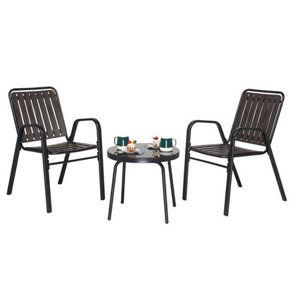 3-Piece Patio Bistro Table Set, Outdoor Furniture Set with 2 Stackable Patio Dining Chairs and Glass Table for Yard Balcony Porch, Black and Coffee - Discount Msrp 