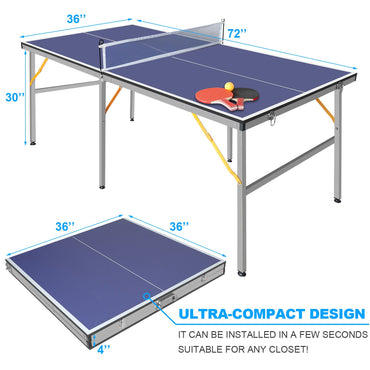 6ft Mid-Size Table Tennis Table Foldable & Portable Ping Pong Table Set for Indoor & Outdoor Games with Net, 2 Table Tennis Paddles and 3 Balls - Discount Msrp 