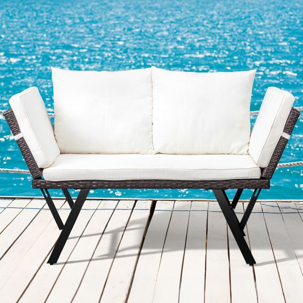 Outdoor Sofa, Woven Rattan Patio Furniture, Convertible Daybed or Double Chair with Adjustable Armrests, Cushions and Pillows for Yard Porch Pool, Gray Lounger & Beige Cushion - Discount Msrp 