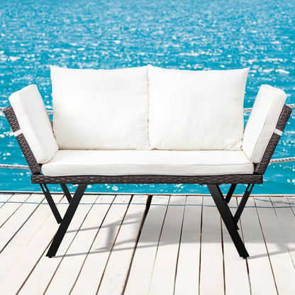 Outdoor Sofa, Woven Rattan Patio Furniture, Convertible Daybed or Double Chair with Adjustable Armrests, Cushions and Pillows for Yard Porch Pool, Gray Lounger & Beige Cushion - Discount Msrp 