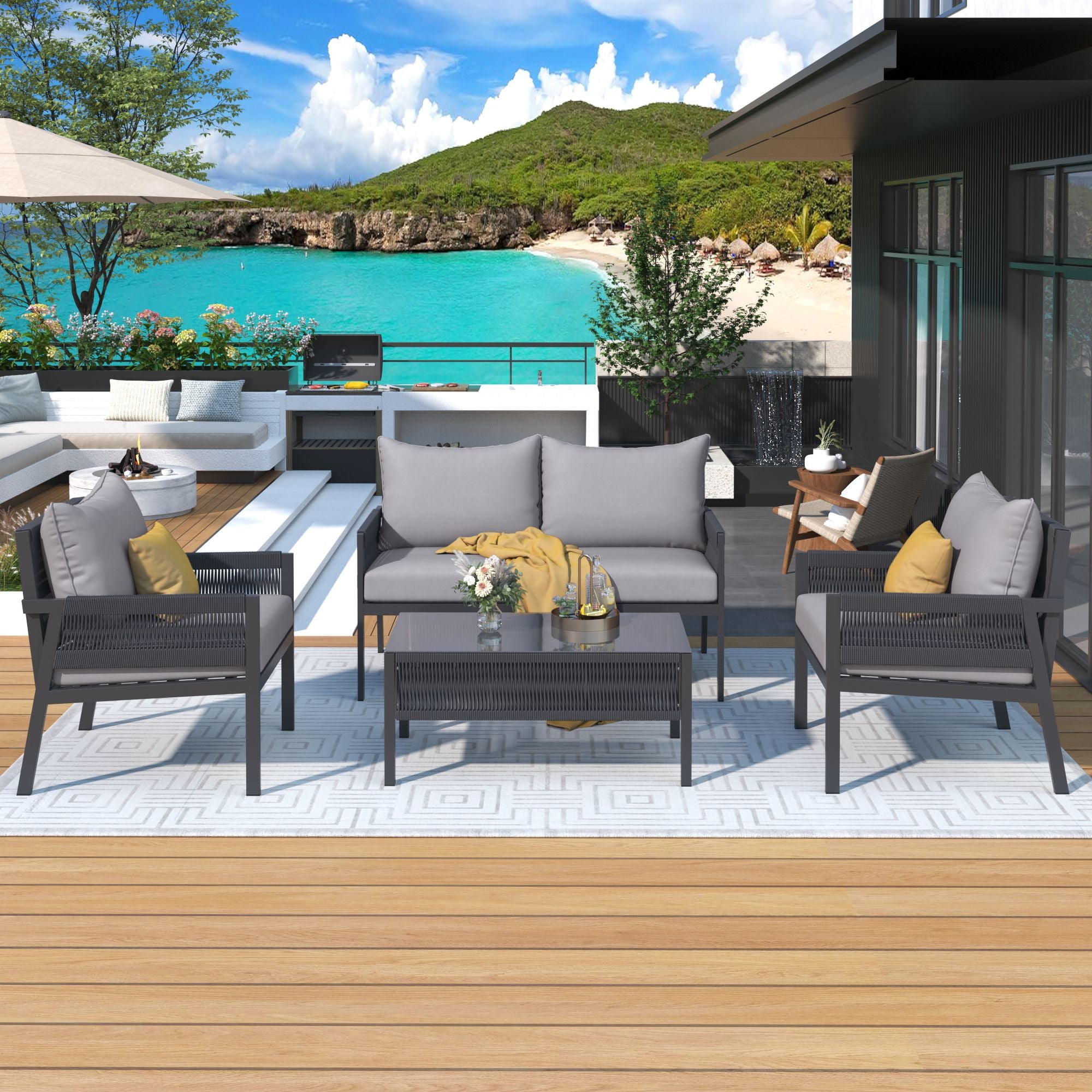 4-Piece Rope Patio Furniture Set, Outdoor Furniture with Tempered Glass Table, Patio Conversation Set Deep Seating with Thick Cushion for Backyard Porch Balcony - Discount Msrp 