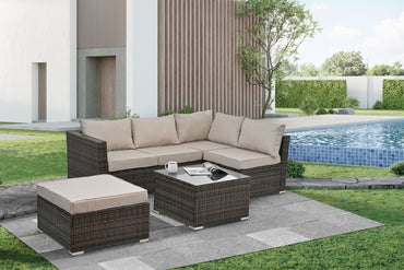 Patio Furniture, Outdoor Furniture, Seasonal PE Wicker Furniture, 4 Set Wicker Furniture With Tempered Glass Coffee Table - Discount Msrp 