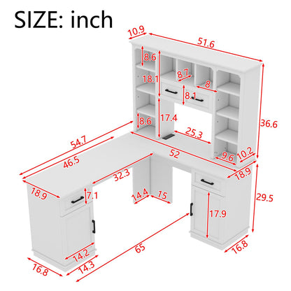 L-Shaped Computer Desk with 2 Cabinets and 2 Drawers, 11 Open Shelves and 1 Right Flip Shelf with Storage, with Power Outlet, for Study, Living Room and Office, White - Discount Msrp 