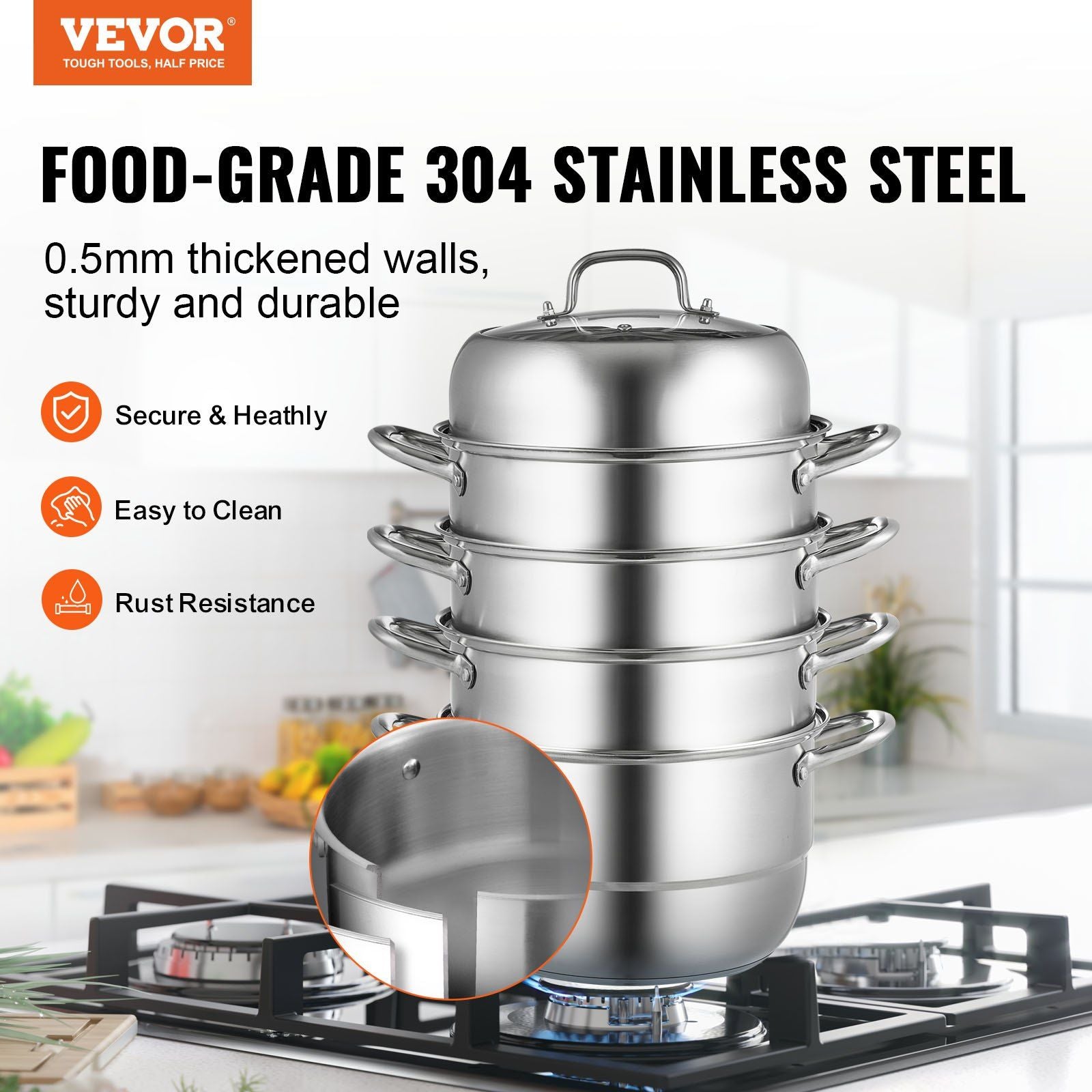 VEVOR Dumpling Steamer Stainless Steel 5 Titer for for Cook Soup, Noodles, Fishes Work with Gas Electric Grill Stove Top, Dia 30cm/11.8inch, Pot - Discount Msrp 