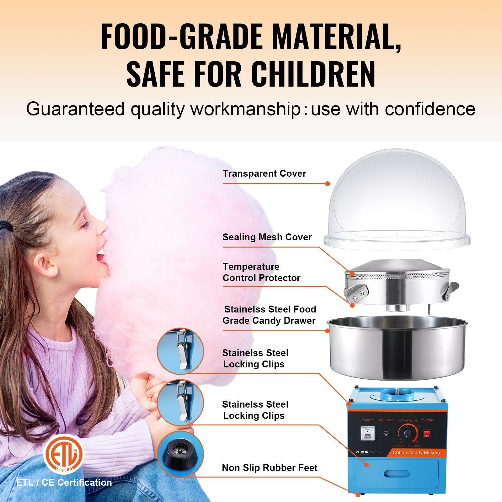 VEVOR Electric Cotton Candy Machine, 1000W Candy Floss Maker, Commercial Cotton Candy Machine with Cover, Stainless Steel Bowl, Sugar Scoop, Drawer, Perfect for Home Kids Birthday, Family Party, Blue - Discount Msrp 