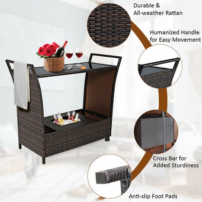Patio Rattan Bar Serving Cart with Glass Top and Handle - Discount Msrp 