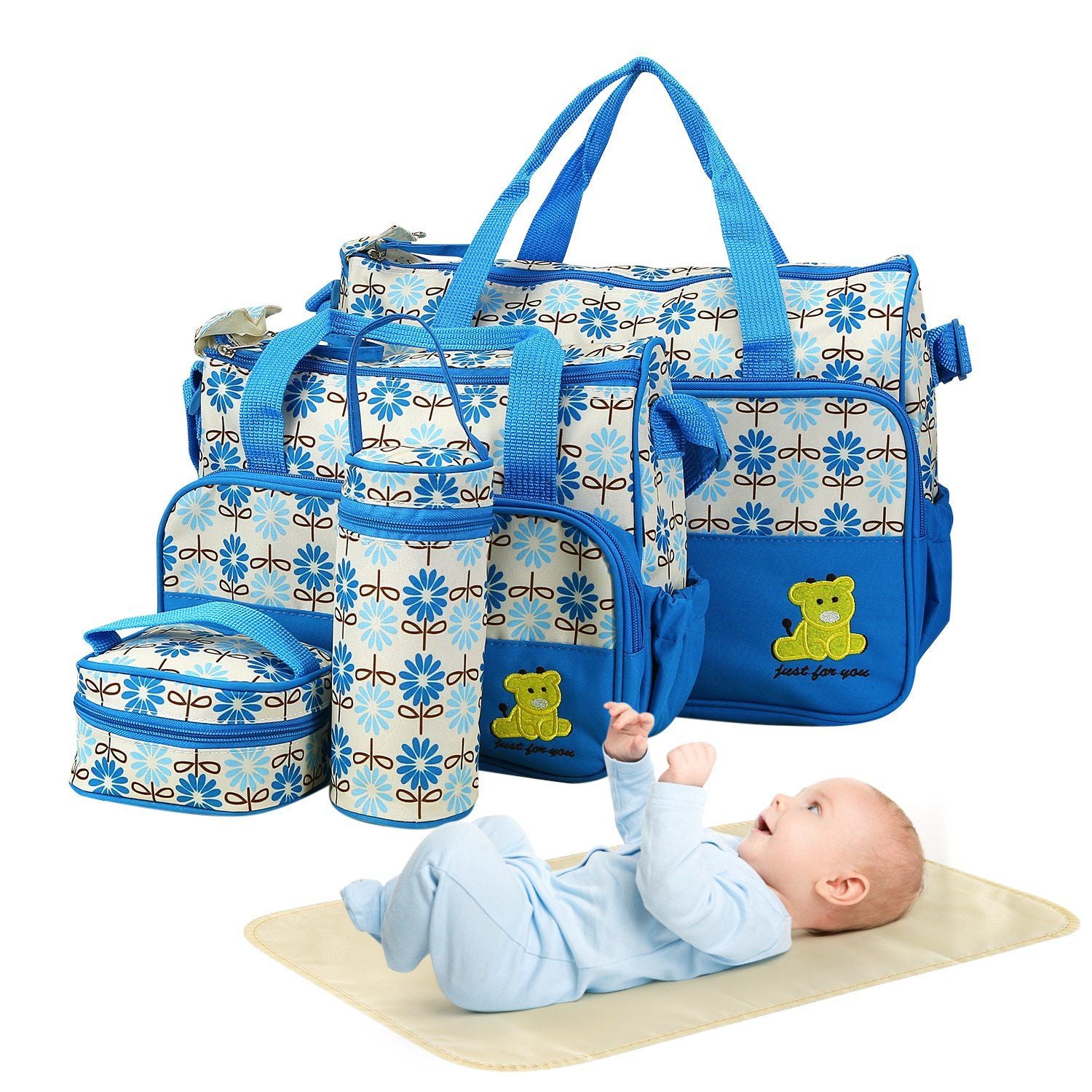 5PCS Baby Nappy Diaper Bags Set Mummy Diaper Shoulder Bags w/ Nappy Changing Pad Insulated Pockets Travel Tote Bags - Discount Msrp 