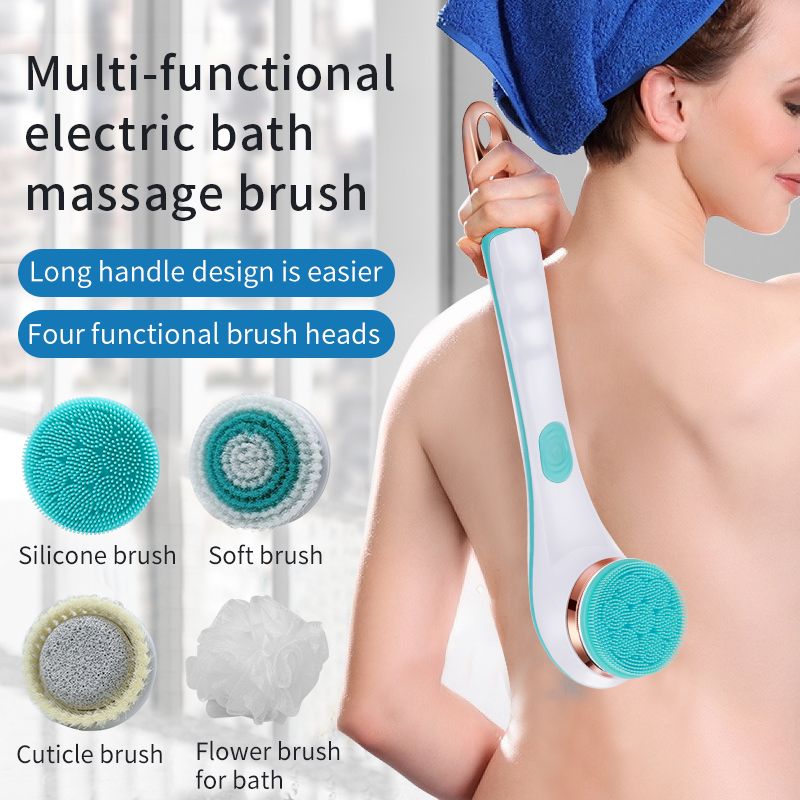 Silicone Bath Brush 4 in 1 Electric Back Scrubber 4 Brush Heads USB Rechargeable Rotating Shower Massager with 2 Speeds - Discount Msrp 