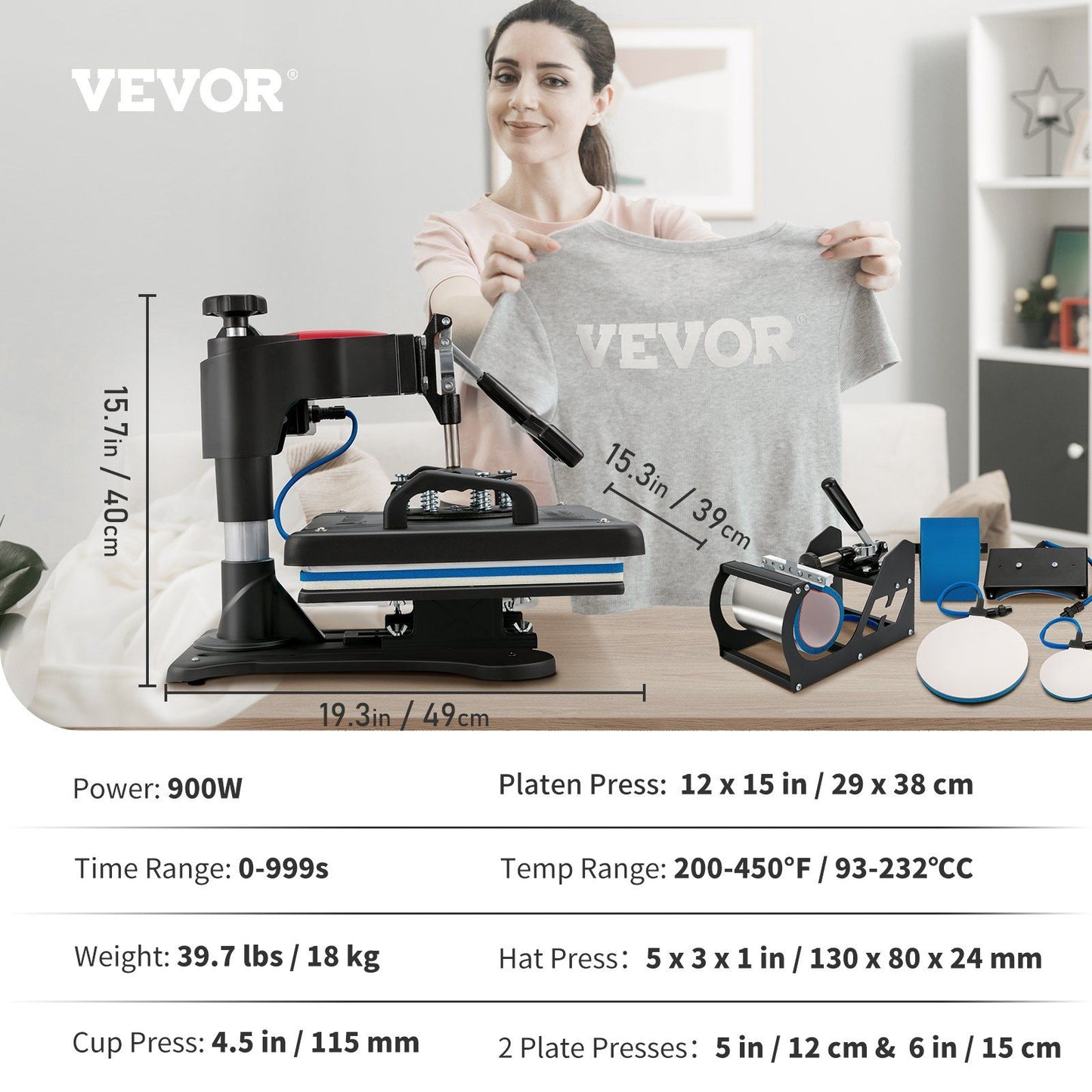 VEVOR Heat Press, 5 in 1 Heat Press Machine Machine 12x15, Clamshell Sublimation Transfer Printer Fast Heat-up, Digital Precise Temperature Control, Vinyl Heat Press for T-Shirt Plate Mug Cup, 900W - Discount Msrp 