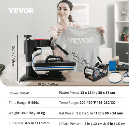 VEVOR Heat Press, 5 in 1 Heat Press Machine Machine 12x15, Clamshell Sublimation Transfer Printer Fast Heat-up, Digital Precise Temperature Control, Vinyl Heat Press for T-Shirt Plate Mug Cup, 900W - Discount Msrp 