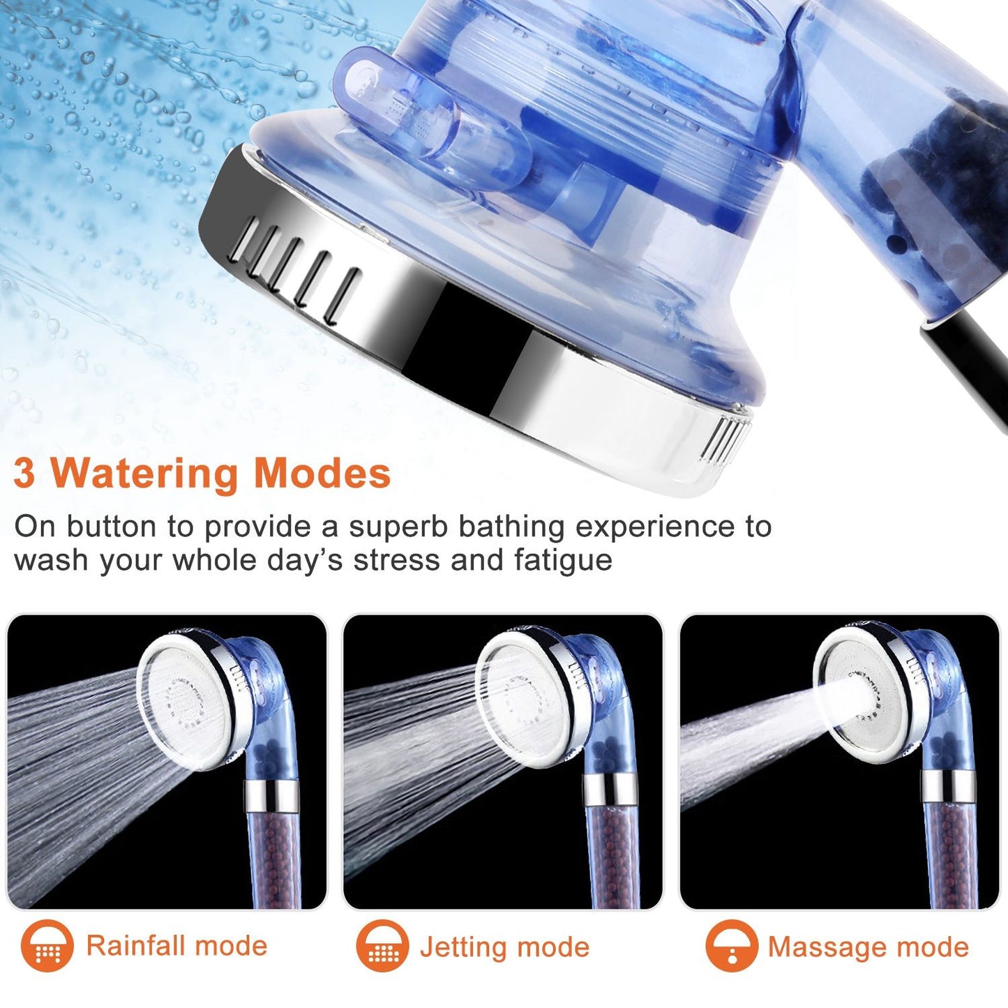 Ionic Filtration Shower Head High Pressure 3 Mode Stone Water Saving Bath Handheld Shower - Discount Msrp 