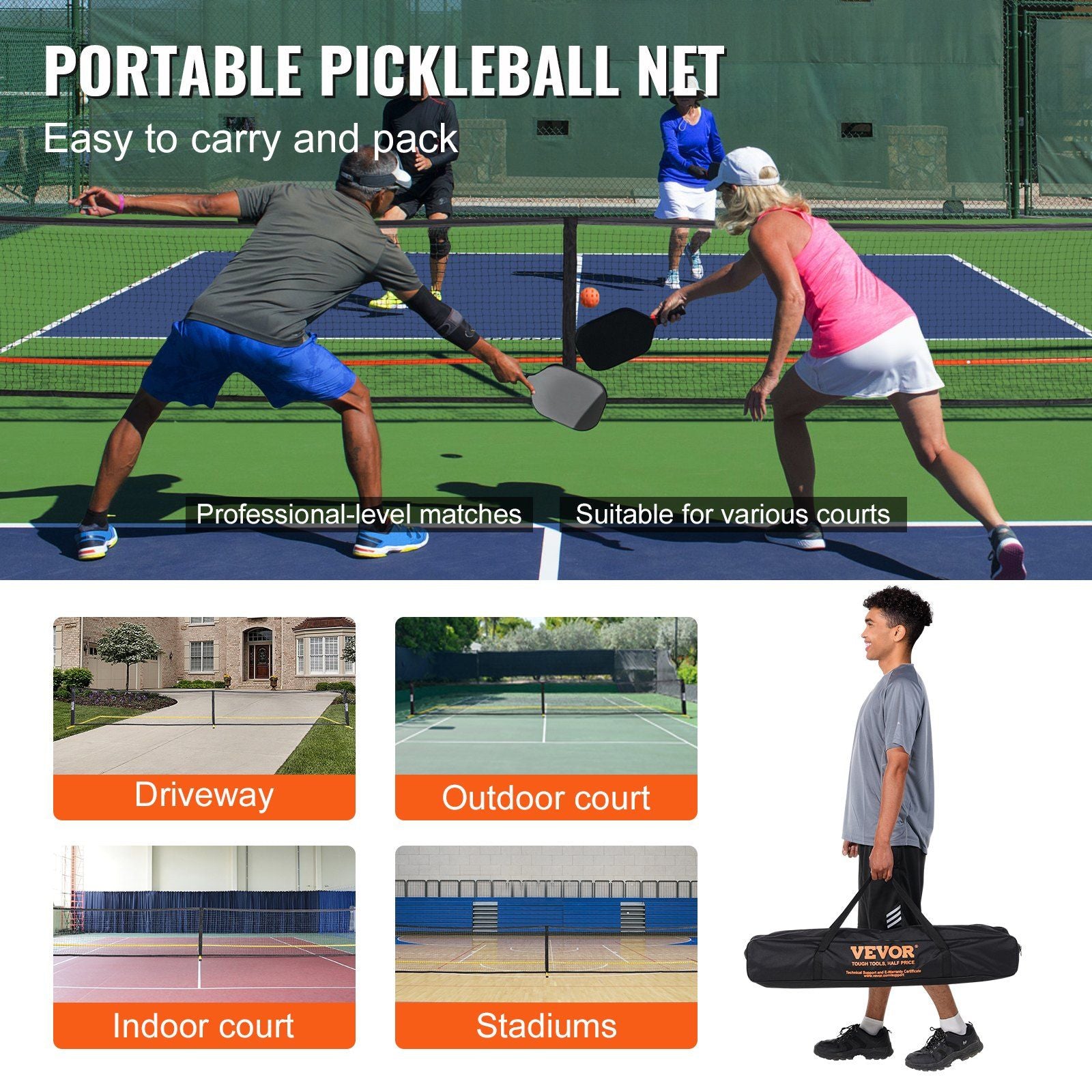 VEVOR Pickleball Net Set, 22FT Regulation Size Portable Pickleball System with Carrying Bag, Balls, and Wheels, Weather Resistant Steady Metal Frame & Strong PE Net, for Outdoor Backyard Driveway - Discount Msrp 