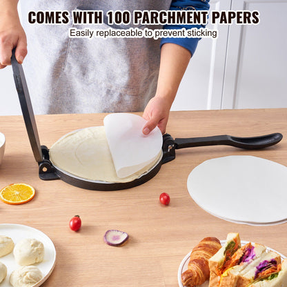 VEVOR Tortilla Press, 10 Inch Tortilla and Roti Maker, Cast Iron Heavy Duty Tortilladora Press, Pre-Seasoned Pataconera Maker with 100 Pcs Parchment Paper, Dough Maker for Flour Tortilla, Tawa, Silver - Discount Msrp 