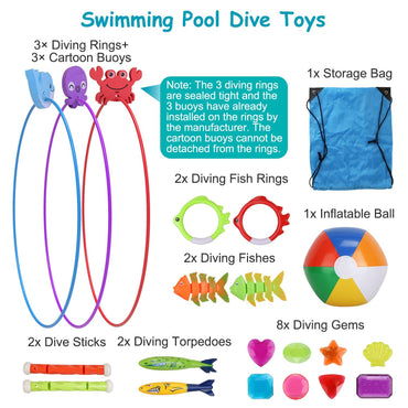 24Pcs Diving Toys Swimming Pool Toys Swim Toys for Kids Aged 3+ Years Old Swim Thru Rings Torpedoes Gems Volleyball Storage Bag - Discount Msrp 
