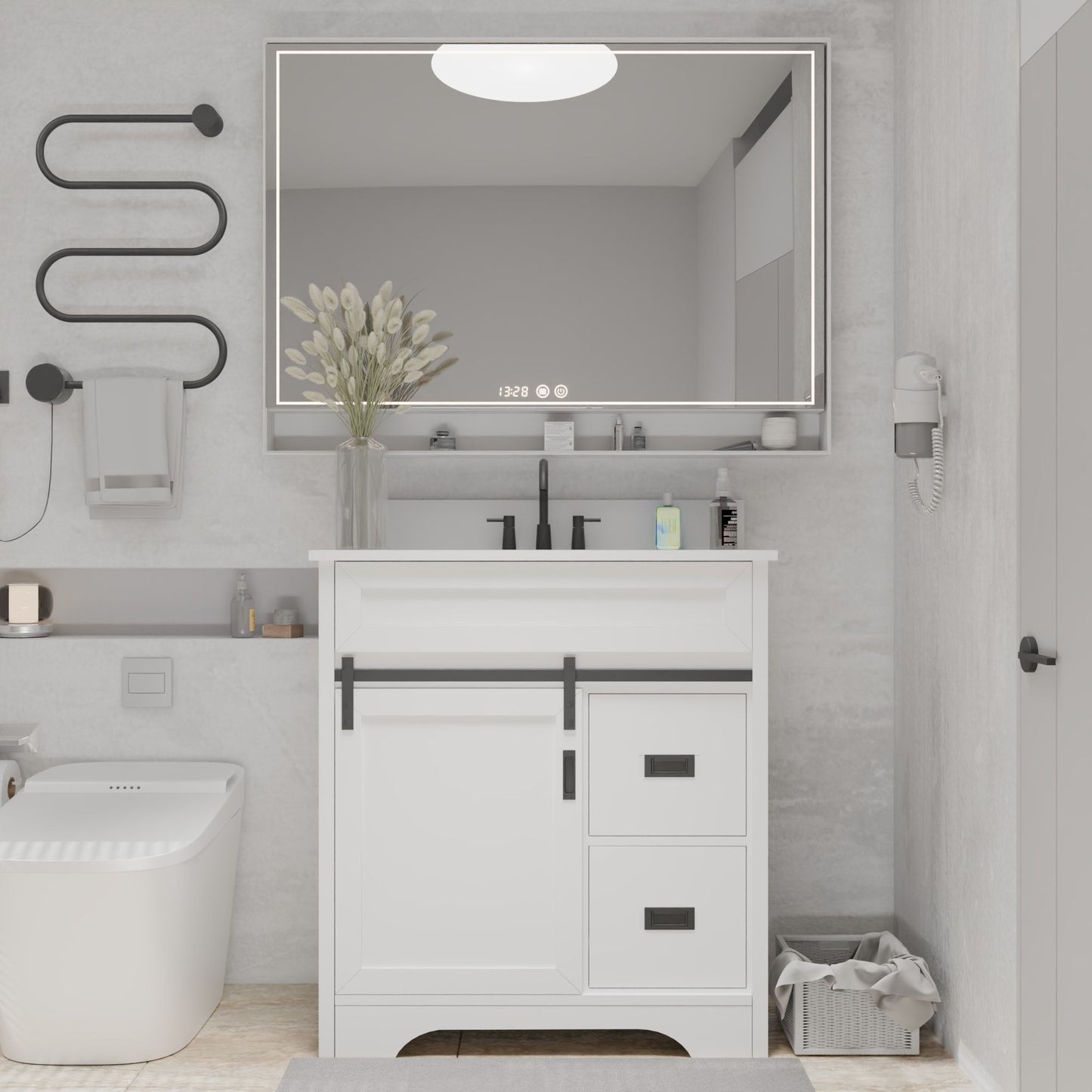 [VIDEO provided]30" Bathroom Vanity with Single Sink Combo, Farmhouse Undermount Bathroom Sink Cabinet with Sliding Barn Doors and 2 Drawers, Freestanding Bathroom Vanities,White - Discount Msrp 