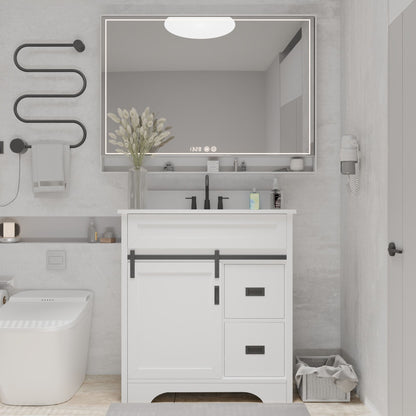 [VIDEO provided]30" Bathroom Vanity with Single Sink Combo, Farmhouse Undermount Bathroom Sink Cabinet with Sliding Barn Doors and 2 Drawers, Freestanding Bathroom Vanities,White - Discount Msrp 