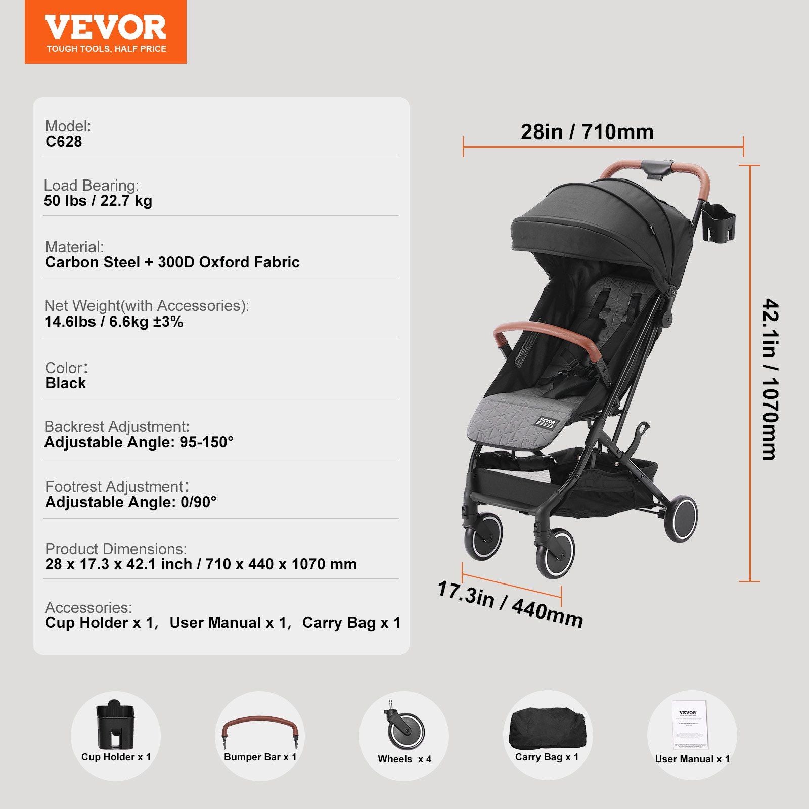 VEVOR Standard Baby Infant Stroller, Toddler Stroller with 95°-150° Adjustable Backrest & & 0/90°Adjustable Footrest & One-click Folding, Newborn Stroller with Cup Holder and Carry Bag, Black - Discount Msrp 