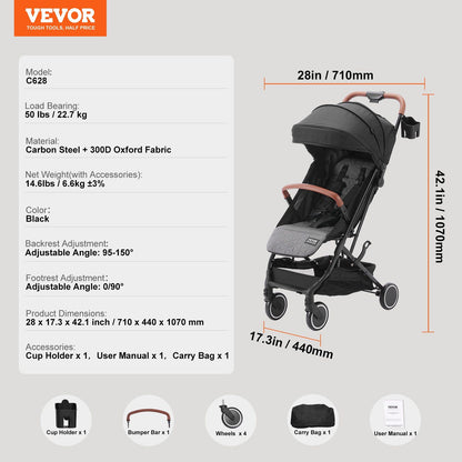 VEVOR Standard Baby Infant Stroller, Toddler Stroller with 95°-150° Adjustable Backrest & & 0/90°Adjustable Footrest & One-click Folding, Newborn Stroller with Cup Holder and Carry Bag, Black - Discount Msrp 