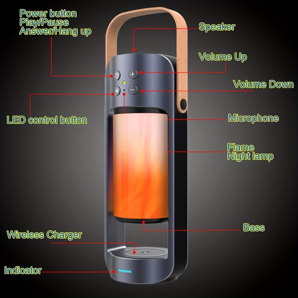 Portable Wireless Flame LED Speaker With Wireless Charger; Speaker With 10 Hours Working Time; 10W Speaker BT 4.2 Version; Mega Bass Sound Quality For Indoor And Outdoor - Discount Msrp 