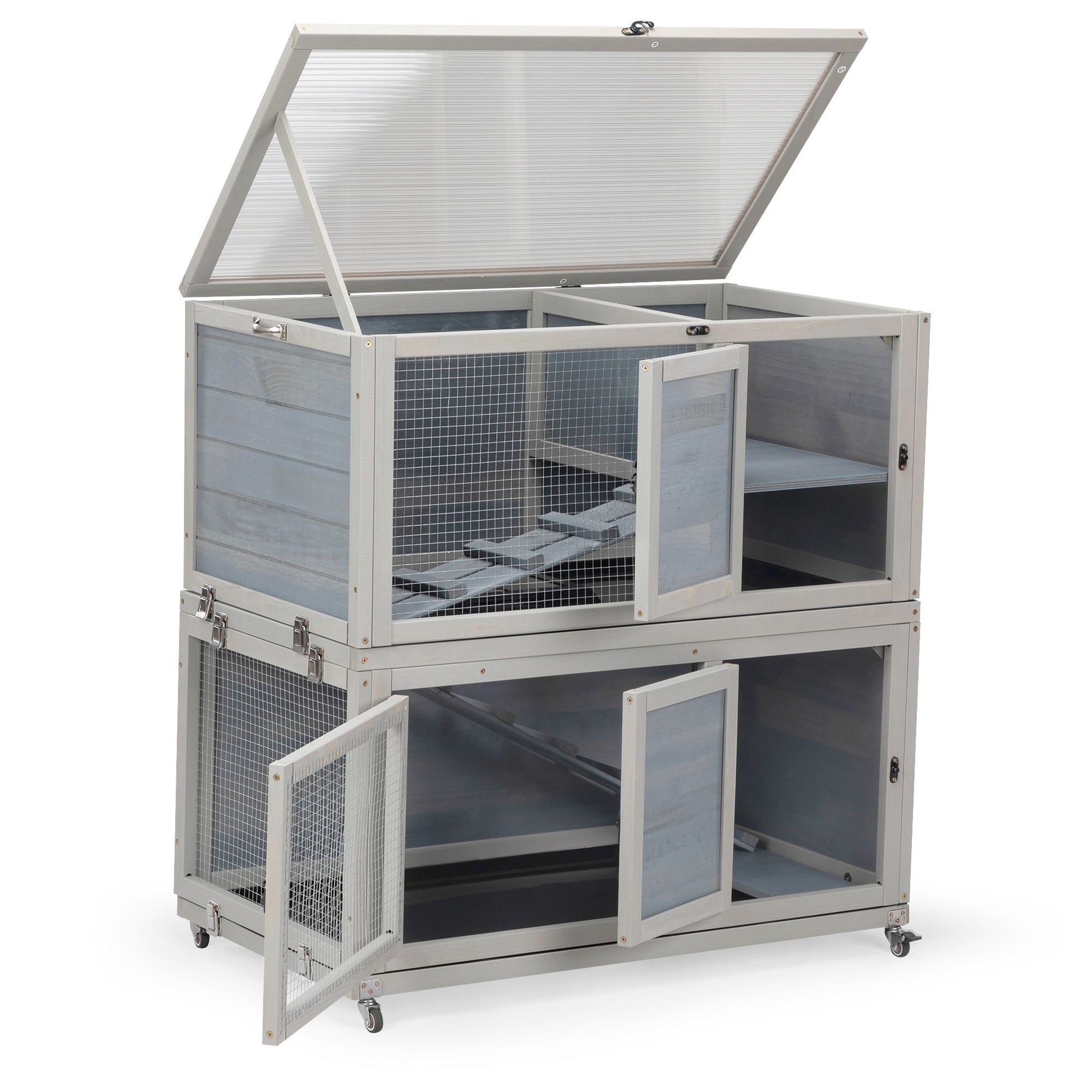 Weatherproof Rabbit House, Indoor/Outdoor Wooden Rabbit Hutch, 2 Story Bunny Cage, Pet House, Wooden Chicken Coop with Wheels, Pull Out Tray for Rabbits and Guinea Pigs, Grey - Discount Msrp 
