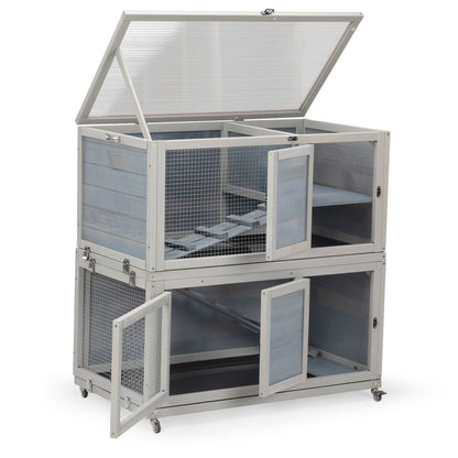Weatherproof Rabbit House, Indoor/Outdoor Wooden Rabbit Hutch, 2 Story Bunny Cage, Pet House, Wooden Chicken Coop with Wheels, Pull Out Tray for Rabbits and Guinea Pigs, Grey - Discount Msrp 
