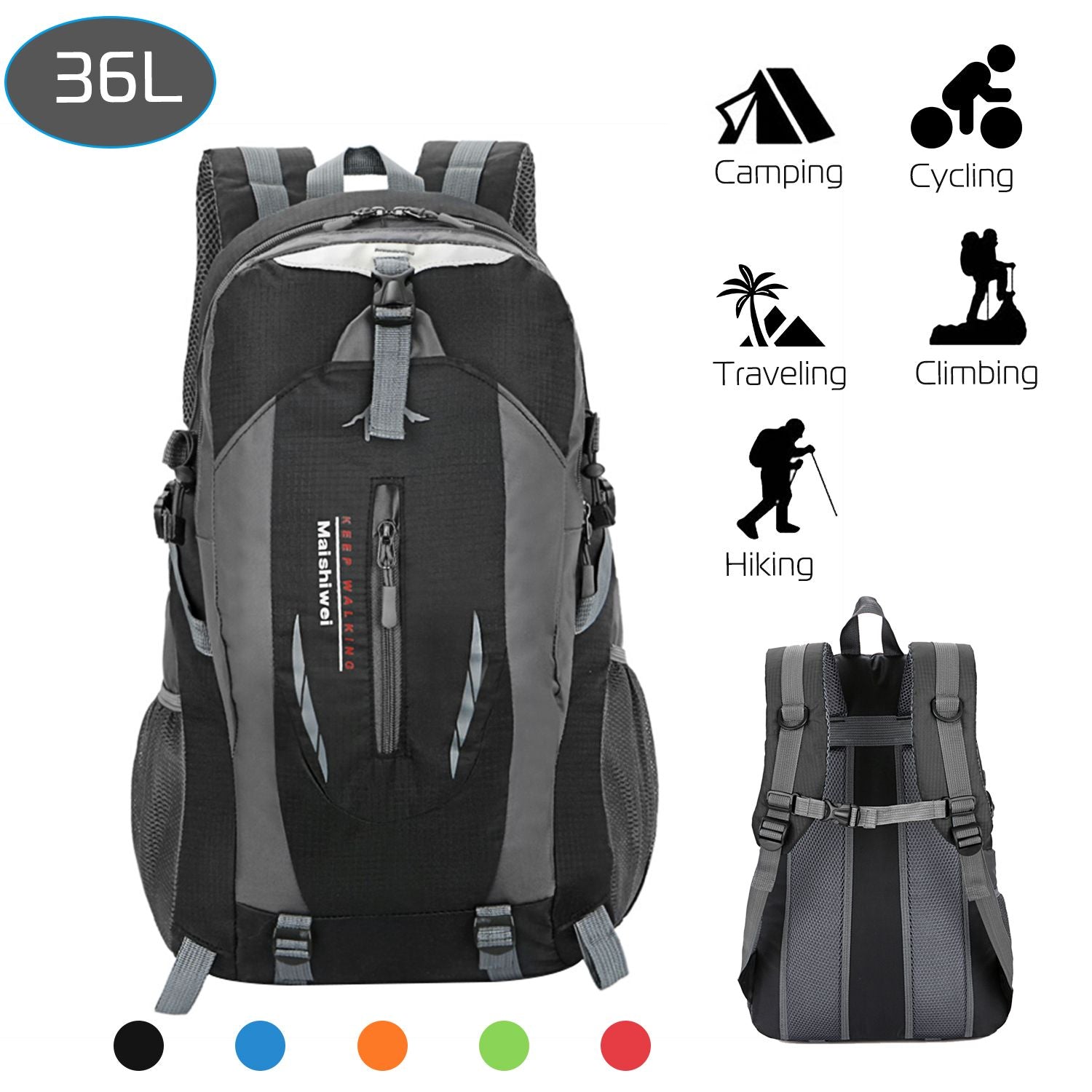 36L Travel Backpack Waterproof Hiking Daypack with Multiple Compartments and Pockets, Nylon Backpack for Camping - Discount Msrp 
