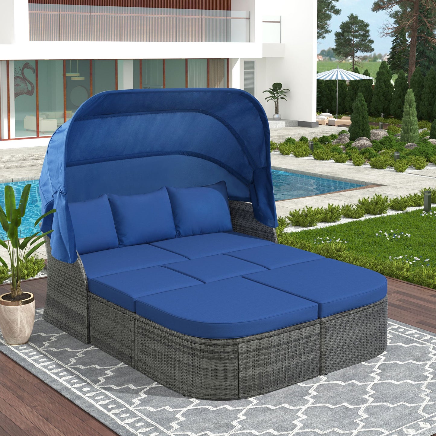Outdoor Patio Furniture Set Daybed Sunbed with Retractable Canopy Conversation Set Wicker Furniture - Discount Msrp 