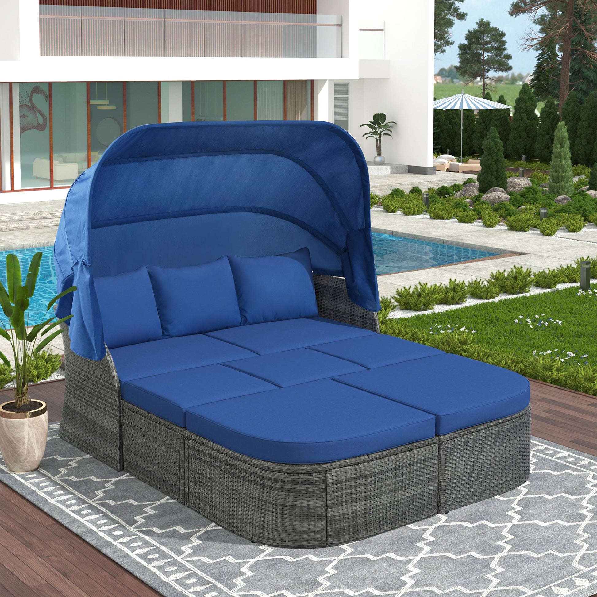 Outdoor Patio Furniture Set Daybed Sunbed with Retractable Canopy Conversation Set Wicker Furniture - Discount Msrp 