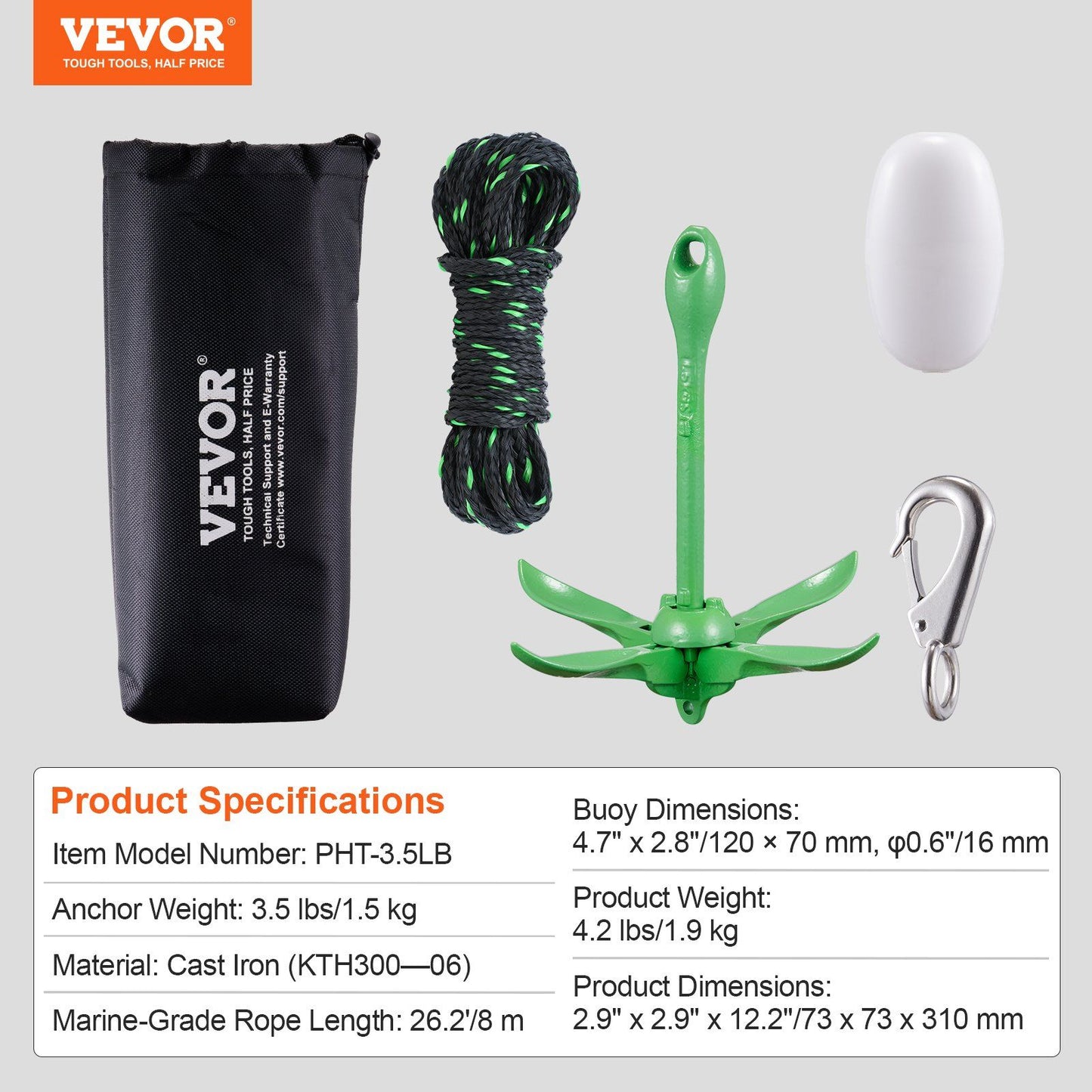 VEVOR Kayak Anchor Kit, 3.5 lb Paddle Board Anchor Kit with 26.2 ft/8 m Rope and Buoy, Folding Small Boat Anchor with Storage Bag and Snap Hook, Kayak Accessories for Kayaks, Small Boats, Canoes - Discount Msrp 