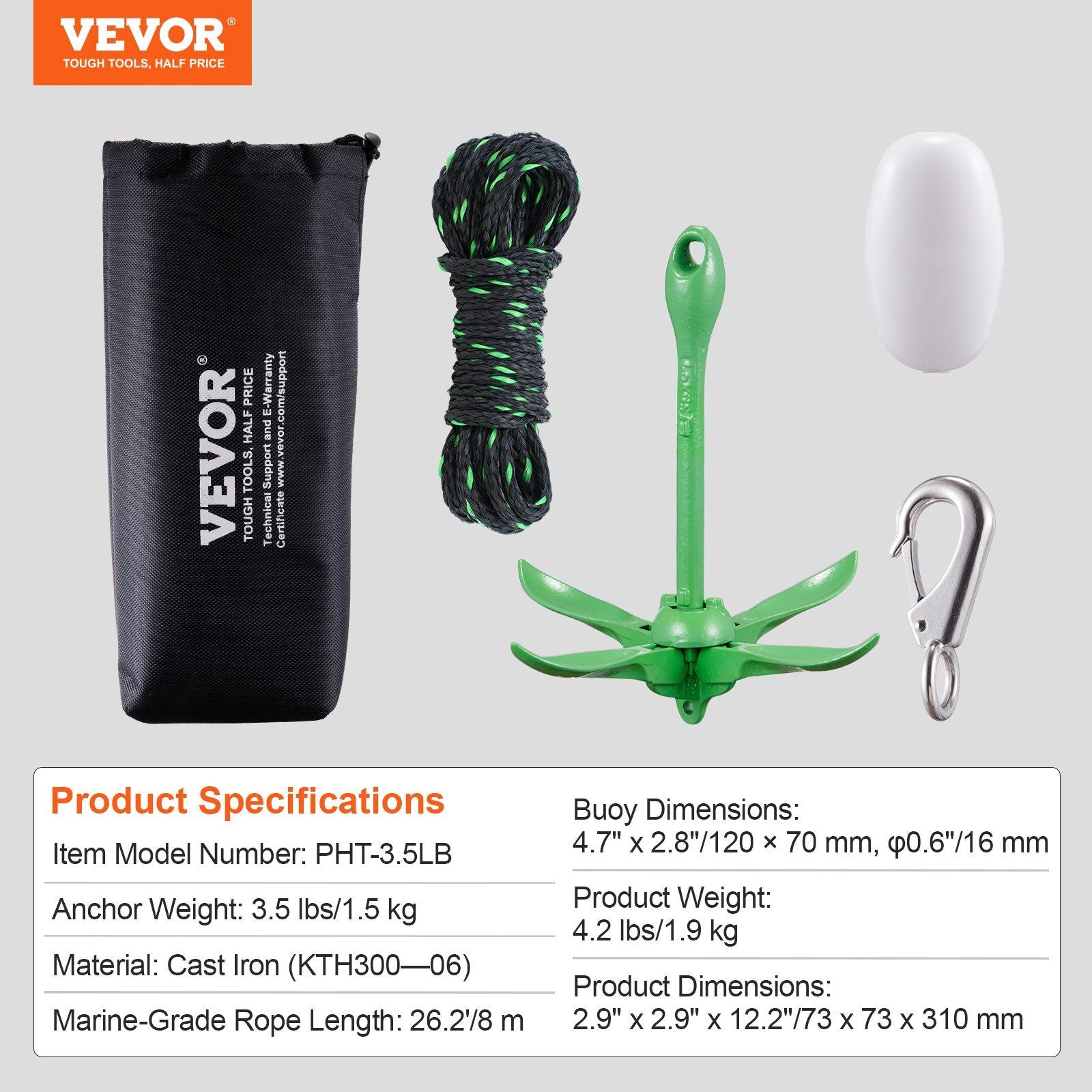 VEVOR Kayak Anchor Kit, 3.5 lb Paddle Board Anchor Kit with 26.2 ft/8 m Rope and Buoy, Folding Small Boat Anchor with Storage Bag and Snap Hook, Kayak Accessories for Kayaks, Small Boats, Canoes - Discount Msrp 