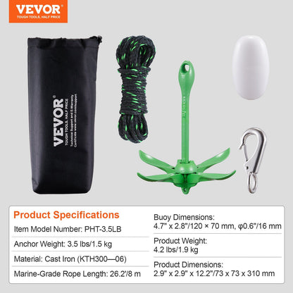 VEVOR Kayak Anchor Kit, 3.5 lb Paddle Board Anchor Kit with 26.2 ft/8 m Rope and Buoy, Folding Small Boat Anchor with Storage Bag and Snap Hook, Kayak Accessories for Kayaks, Small Boats, Canoes - Discount Msrp 