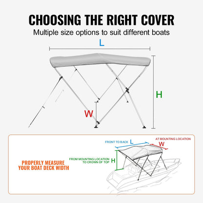 VEVOR 3 Bow Bimini Top Boat Cover, 900D Polyester Canopy with 1" Aluminum Alloy Frame, Waterproof and Sun Shade, Includes Storage Boot, 4 Straps, 2 Support Poles, 6'L x 46"H x 61"-66"W, Light Grey - Discount Msrp 