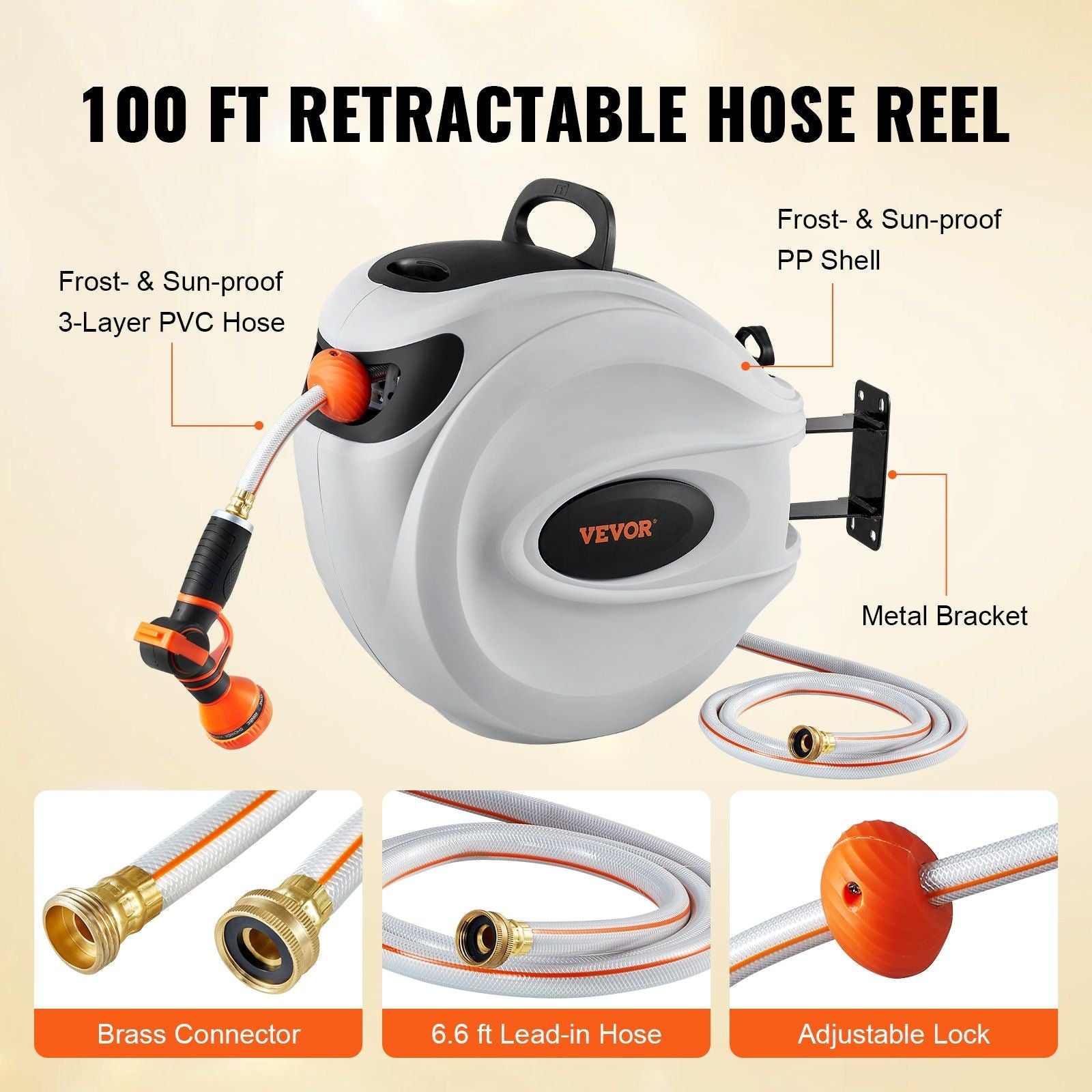 VEVOR Retractable Hose Reel Water Hose Reel 100'x1/2" 180° Swivel Wall-Mounted,Garden Water Hose Reel with 9-Pattern Nozzle,Automatic Rewind, Lock at Any Length, with Slow Return System - Discount Msrp 
