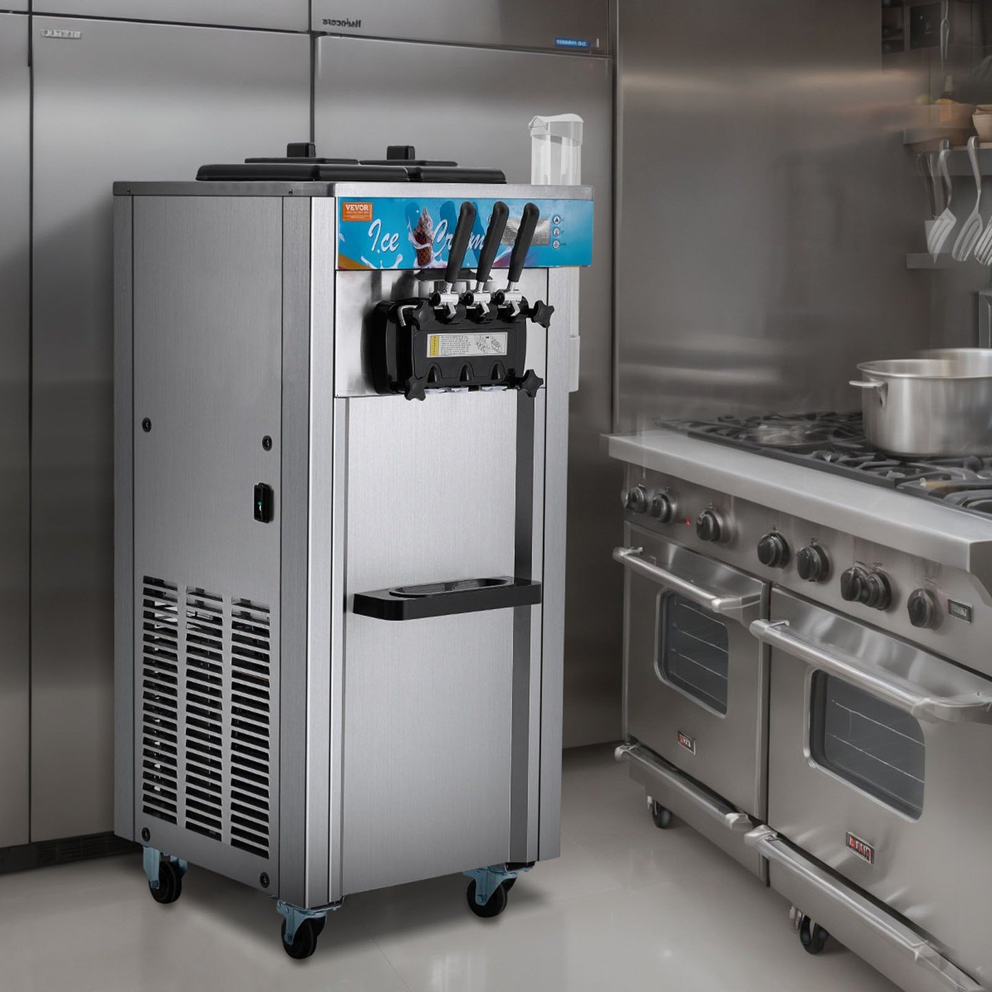 VEVOR Commercial Ice Cream Machine, 21-31 L/H Yield, 1800W 3-Flavor Freestanding Soft Serve Ice Cream Maker, 2 x 5.5L Stainless Steel Cylinder, LED Panel Auto Clean Pre-cooling, for Restaurant Bars - Discount Msrp 