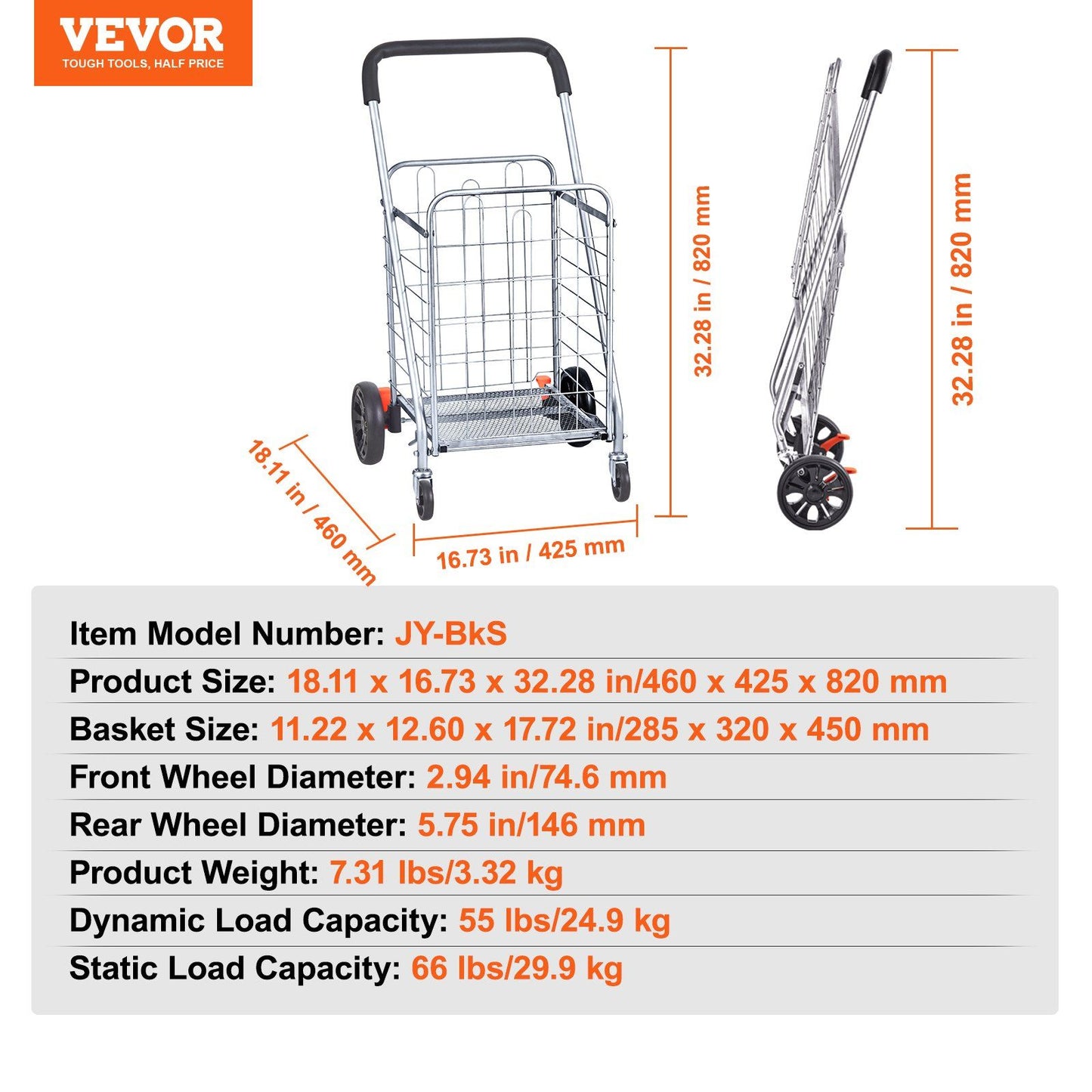VEVOR Folding Shopping Cart, 66 lbs Max Load Capacity, Grocery Utility Cart with Rolling Swivel Wheels, Heavy Duty Foldable Laundry Basket Trolley Compact Lightweight Collapsible for Luggage, Silver - Discount Msrp 