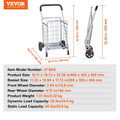 VEVOR Folding Shopping Cart, 66 lbs Max Load Capacity, Grocery Utility Cart with Rolling Swivel Wheels, Heavy Duty Foldable Laundry Basket Trolley Compact Lightweight Collapsible for Luggage, Silver - Discount Msrp 