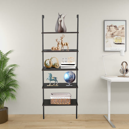 5-Shelf Wood Ladder Bookcase with Metal Frame Industrial 5-Tier Modern Ladder Shelf - Discount Msrp 