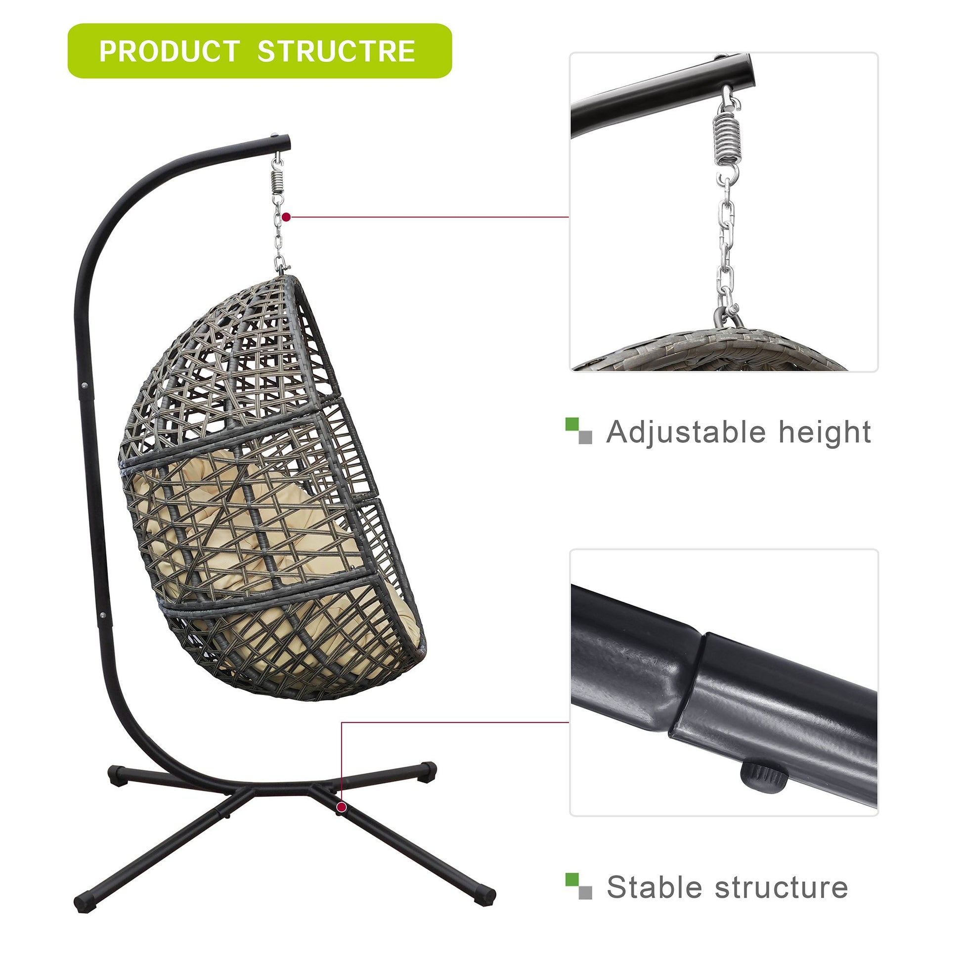 Wicker Hanging Swing Chair; Rattan Hanging Egg Chair with Durable Stand and Waterproof Cushion for Outdoor Garden or Indoor Living Room - Discount Msrp 