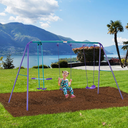 Outsunny Metal Swing Set with Glider, Two Swing Seats and Adjustable Height, Outdoor Heavy Duty A-Frame Suitable for Playground, Backyard, Purple - Discount Msrp 