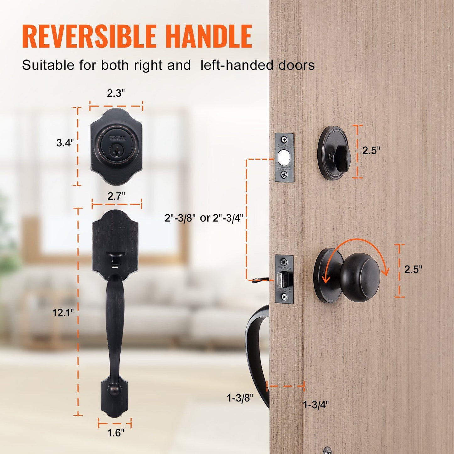 VEVOR Front Door Handle and Deadbolt Set, Antique Copper Front Door Lock Set with Interior Knob, Adjustable Hole Spacing Single Cylinder Handleset, for Right and Left Handed Entrance and Front Door - Discount Msrp 