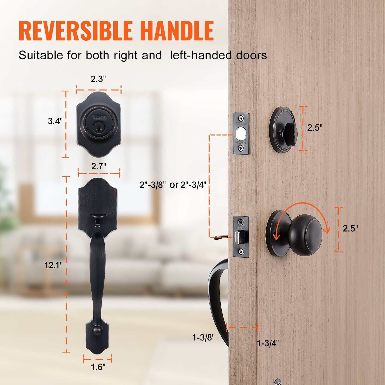 VEVOR Front Door Handle and Deadbolt Set, Antique Copper Front Door Lock Set with Interior Knob, Adjustable Hole Spacing Single Cylinder Handleset, for Right and Left Handed Entrance and Front Door - Discount Msrp 