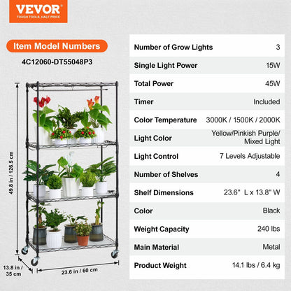 VEVOR Plant Stand with Grow Light, 4-Tier Plant Shelf with 45W Full Spectrum Grow Light, 3 Mode Plant Light with Timer and Wheel for Seed Starting, Metal Grow Light Shelf for Indoor Plants - Discount Msrp 