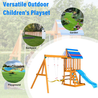 Wooden Outdoor Swing Set 3 in 1 Swing Set outdoor Children's Playset with Slide , 2 Swings and Climber for Garden, Backyard and Playground, Blue - Discount Msrp 