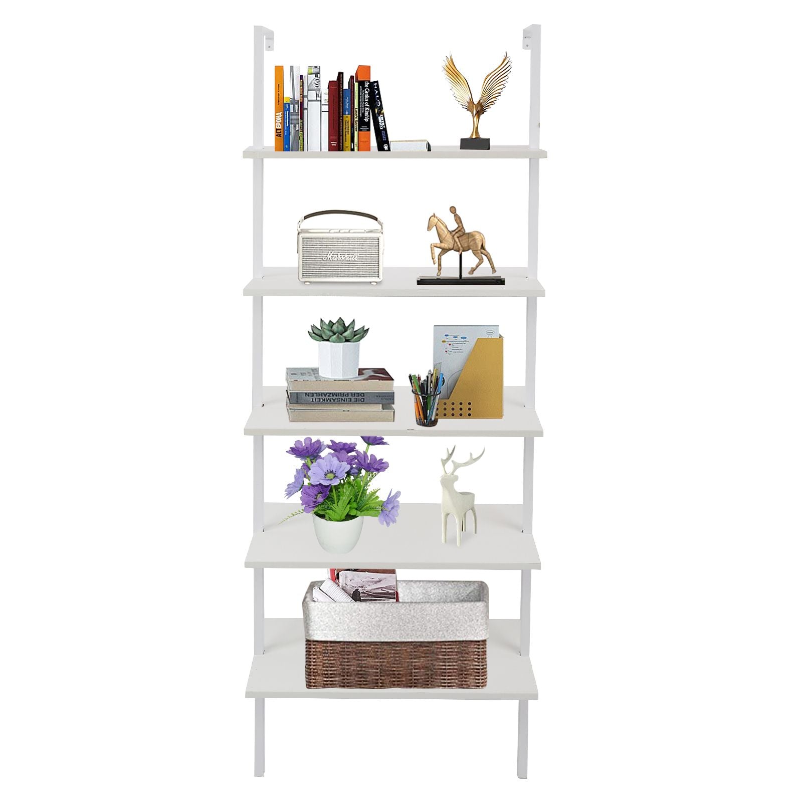 5-Shelf Wood Ladder Bookcase with Metal Frame Industrial 5-Tier Modern Ladder Shelf - Discount Msrp 