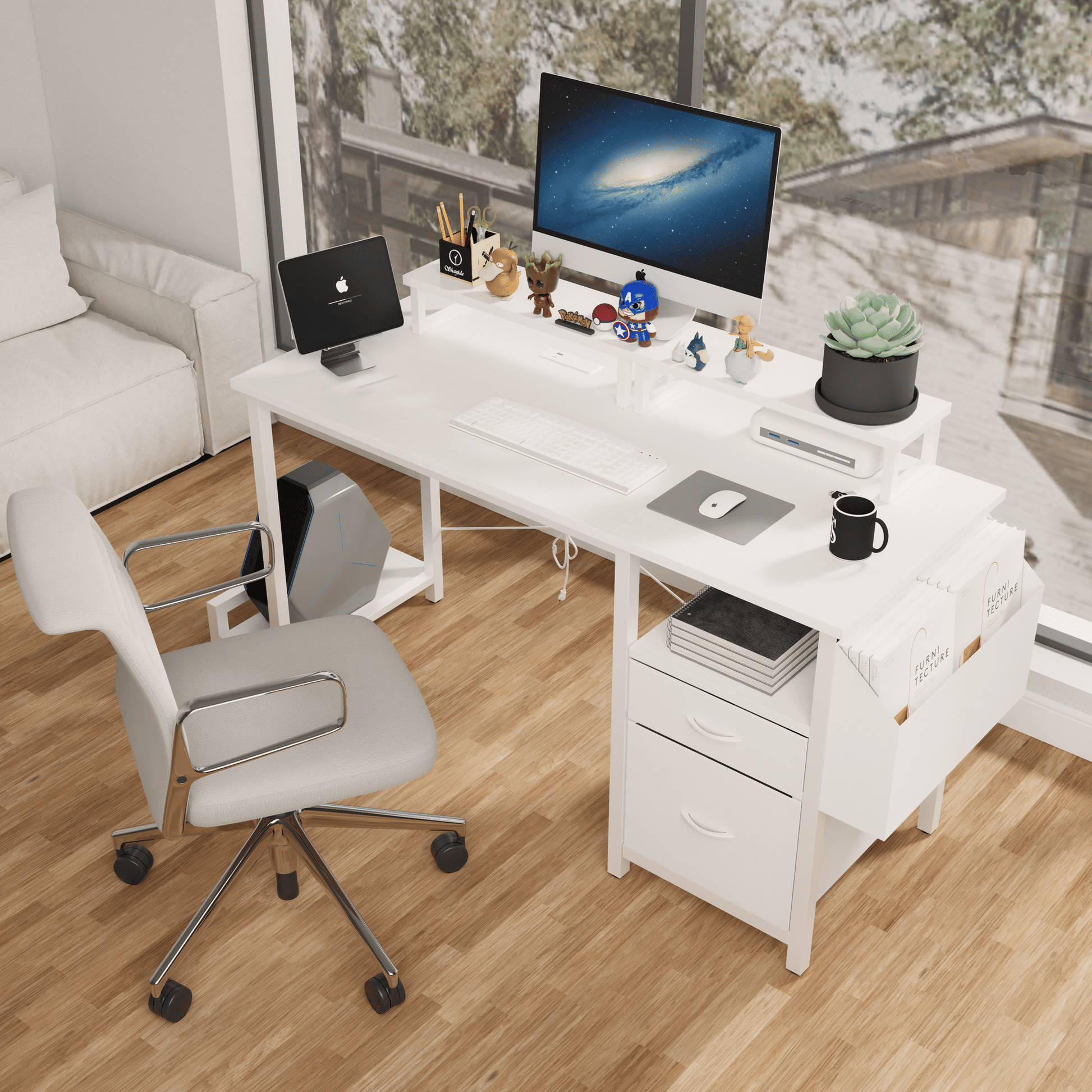 47"office desk with power outlet,2 Monitor Stands,2 drawers,Side Pocket,Easy to Assemble,Frame stability Reversible,use for home desk, computer desk, game table,White - Discount Msrp 
