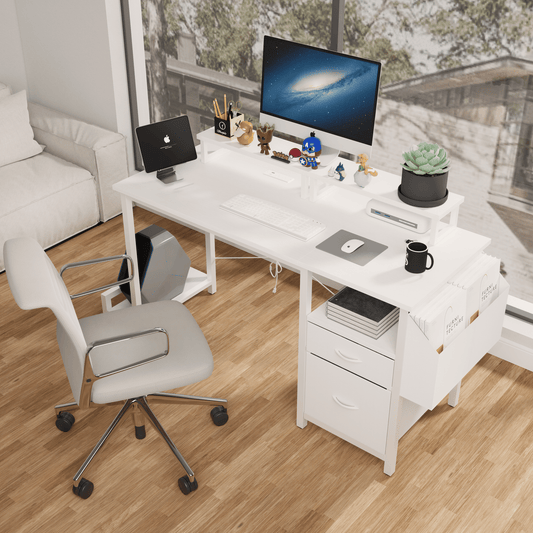 47"office desk with power outlet,2 Monitor Stands,2 drawers,Side Pocket,Easy to Assemble,Frame stability Reversible,use for home desk, computer desk, game table,White - Discount Msrp 